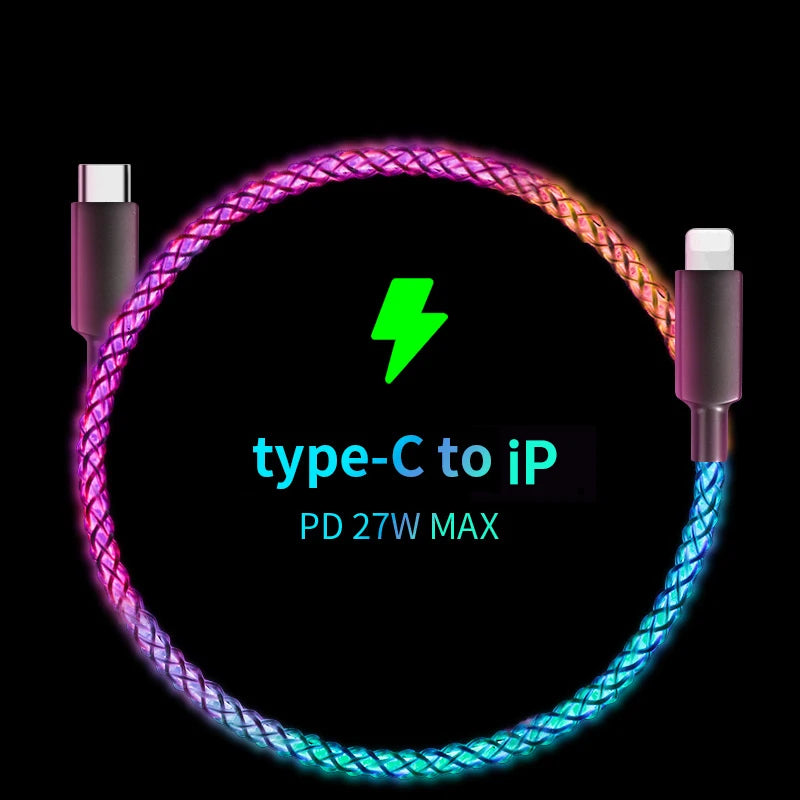 Fast Charging RGB Cable 100W Breathing Light 66W Type C USB C Data Cable for Iphone Samsung Huawei 30W Quick Charge for Xiaomi.