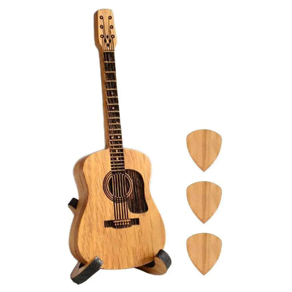 Wooden Acoustic Guitar Pick Box with Stand and 3 Pcs Picks Engraved Guitar Picks Holder Retro Case Unique Music Gift