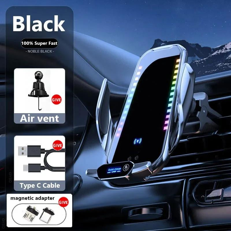 Phone Holder with Wireless Charging, Smart Rhythm Color Lights & Infrared Sensing - Adjustable Car Mount & Retractable Stand for Music & Vehicle Use