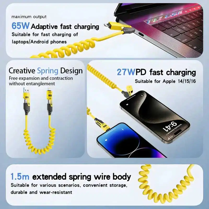 4 in 1 65W Spring Short Data Cable 6A USB Type C Spring Telescopic Quick Charger Wire Spring USB Cable for Iphone 15 14 13 12