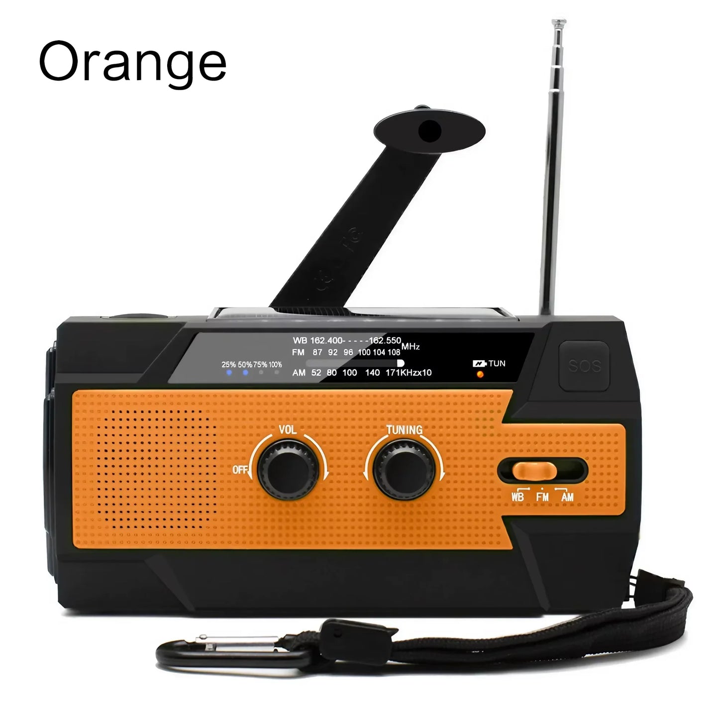 AM/FM/WB Reception, Hand Crank/Solar/Usb Charging, Power Bank, 3-Mode Flashlight Battery Display, and SOS Alert Feature.