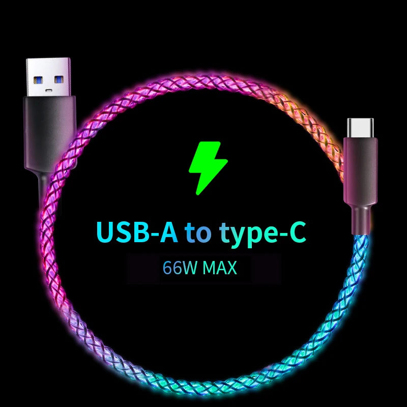 Fast Charging RGB Cable 100W Breathing Light 66W Type C USB C Data Cable for Iphone Samsung Huawei 30W Quick Charge for Xiaomi.