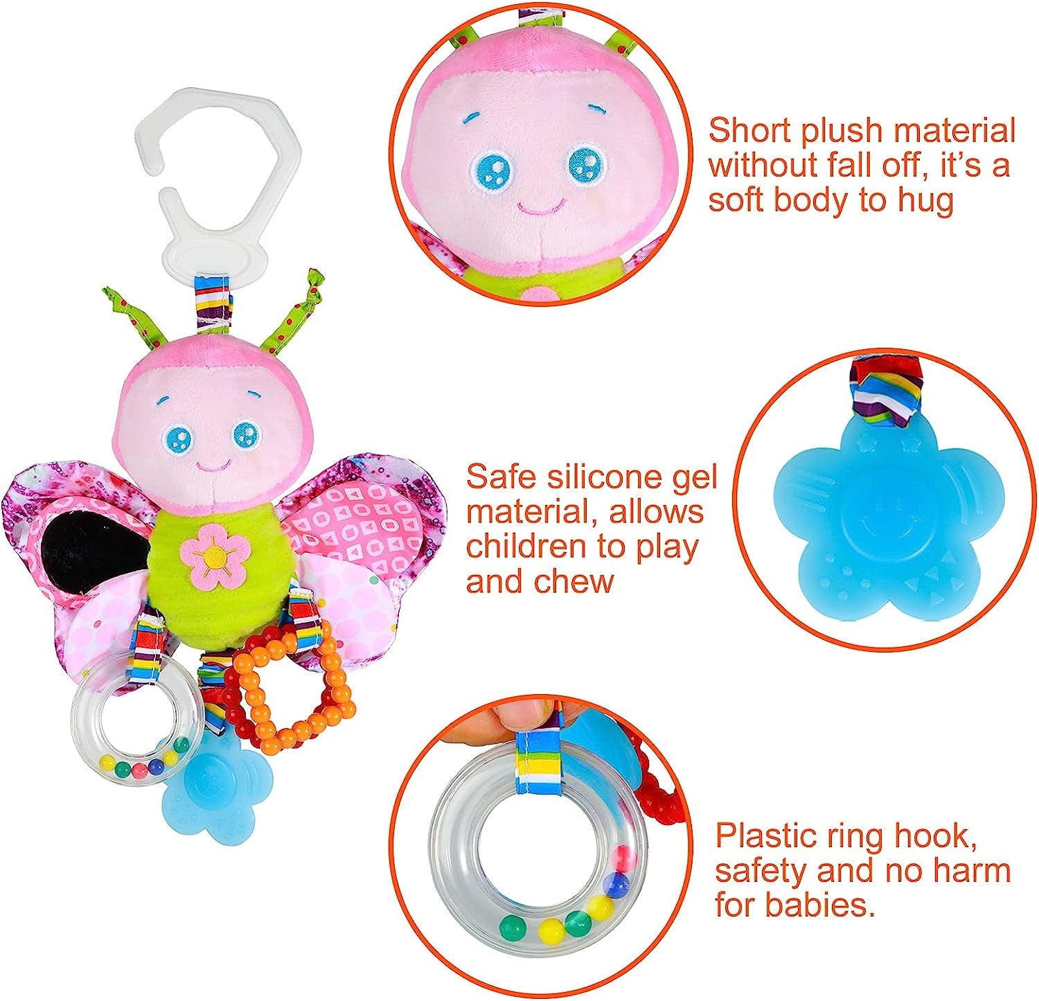 Baby Stroller Toy and Car Seat Toy for Infant with Teether Hanging Rattle Toys Clip on Stroller Toy Soft Plush Baby Toys for Boys and Girls 3-12 Months.