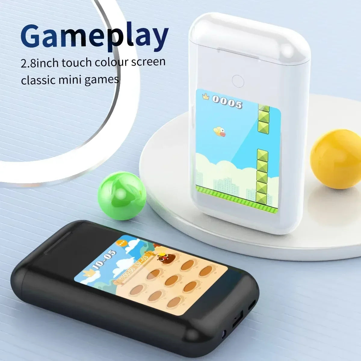 Multiple Function in Ear Bluetooth Wireless Earphone Charging Case with 2.8" Touch Screen Power Bank Headphone Music Game.