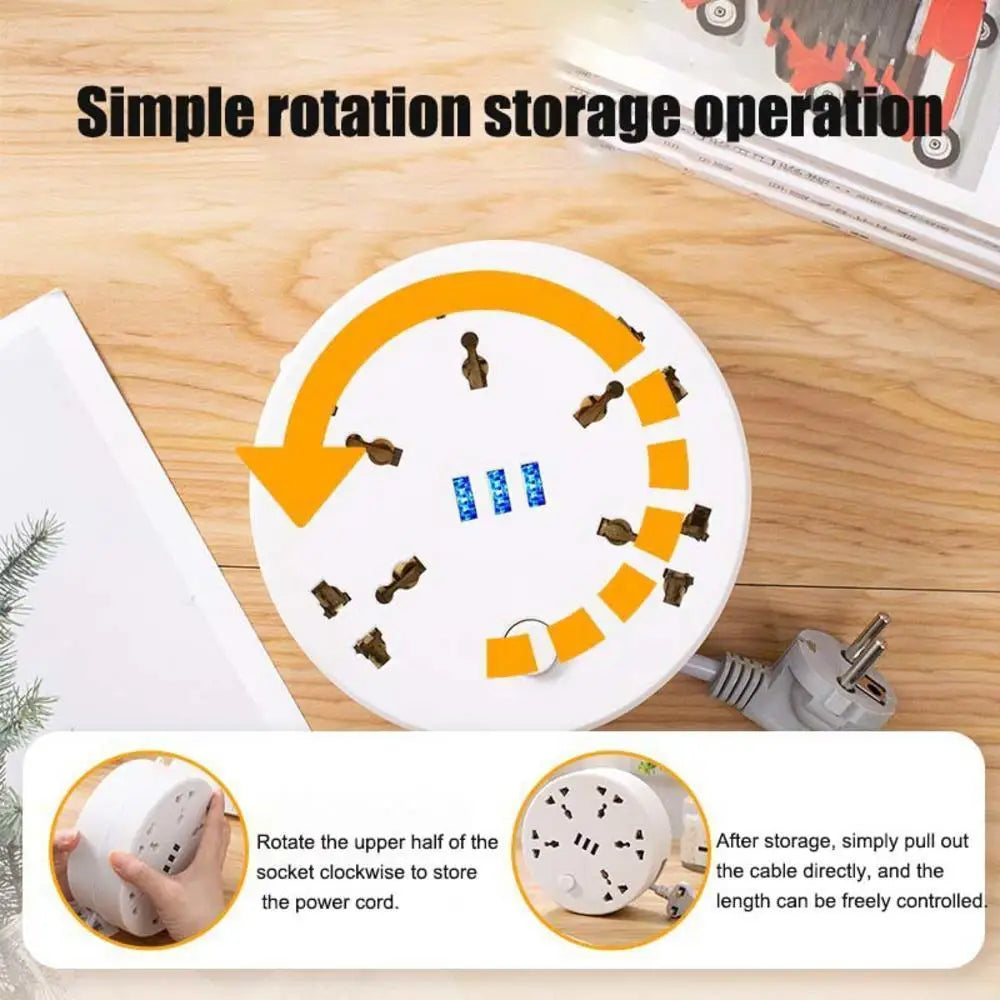 Circular Power Extension Board Power Strip with Usb Cable Plug 2M Retractable Power Cord Home High Quality UK EU US Socket