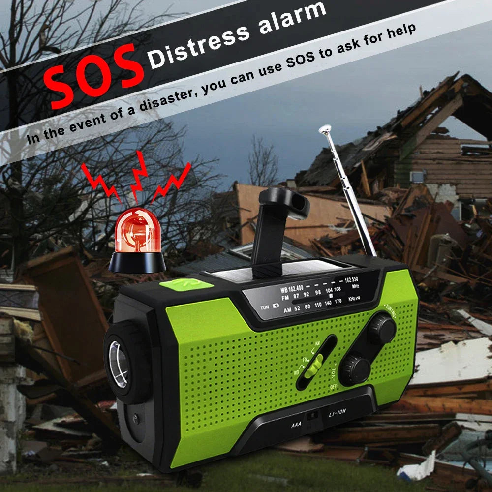 Emergency Weather Radio NOAA/AM/FM with 2000Mah Portable Power Bank Usb/Solar/Hand Crank Charging, Battery Operated, SOS Alarm.