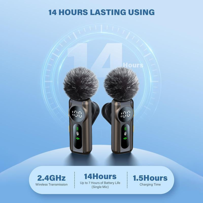 Wireless Lavalier Microphone Dual Set – Plug & Play Clip-On Mic with Auto Pairing, Magnetic Mount, Noise Cancelling with LED Display for Iphone, Android, USB-C Devices,Vlog & Video Recording