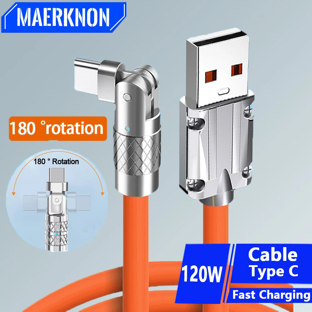 120W USB Type C Cable 180° Rotating 6A Cable Fast Charging Data Cable for Huawei Samsung Xiaomi Ipad Data Line PD USB to Type C