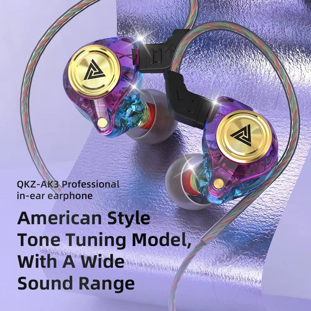 QKZ AK3 File Wired Earphone with Microphone Hifi Music Monitor Bass Headphones Noise Cancelling Headset for Sport Gaming Earbuds.