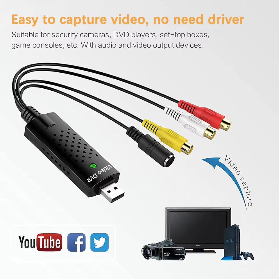USB Video Capture Card Easy Cap VHS VCR Mini DV Hi8 DVD to Digital Converter Rca/S-Video to USB 2.0 Audio Video Record Capture.