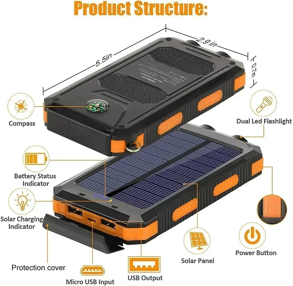 200000Mah Solar Power Bank Waterproof Large Capacity Powerbank Fast Charging External Battery with SOS for Iphone Samsung Xiaomi