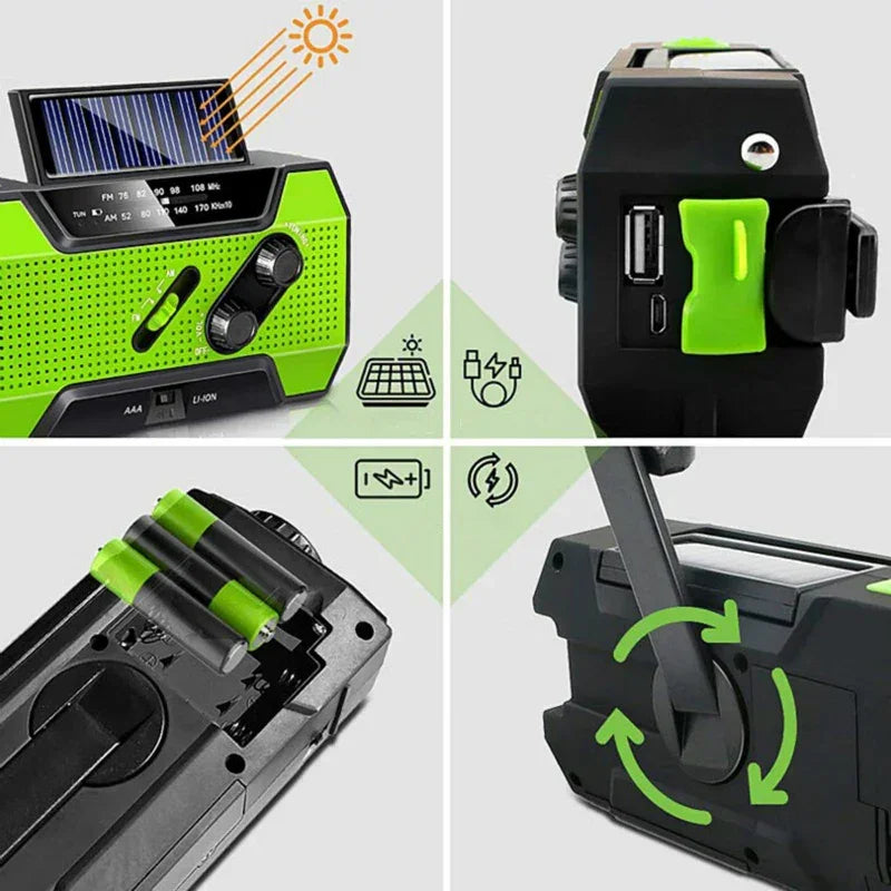 Emergency Weather Radio NOAA/AM/FM with 2000Mah Portable Power Bank Usb/Solar/Hand Crank Charging, Battery Operated, SOS Alarm.