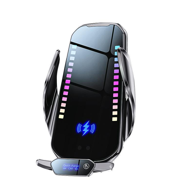 Phone Holder with Wireless Charging, Smart Rhythm Color Lights & Infrared Sensing - Adjustable Car Mount & Retractable Stand for Music & Vehicle Use