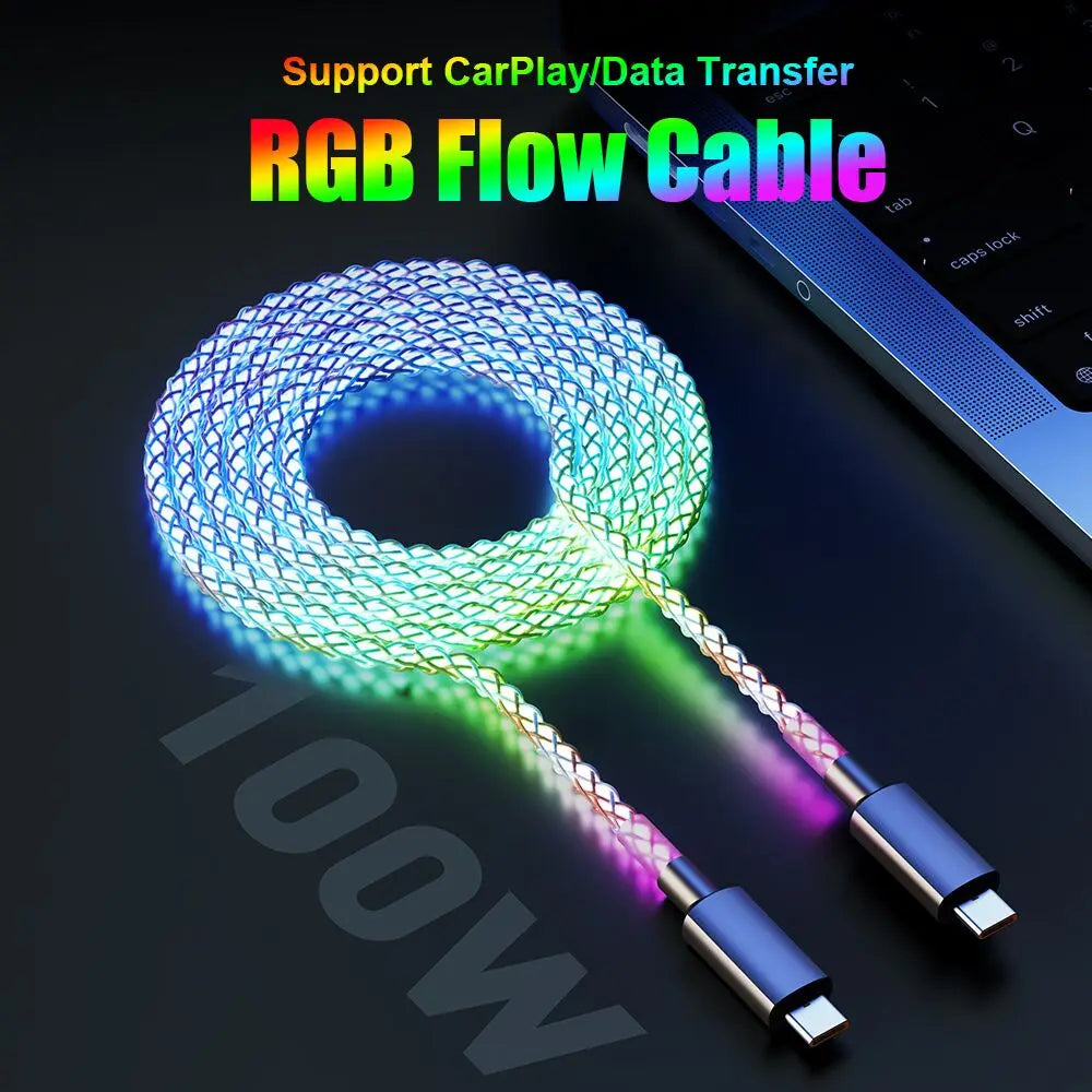 Fast Charging RGB Cable 100W Breathing Light 66W Type C USB C Data Cable for Iphone Samsung Huawei 30W Quick Charge for Xiaomi.