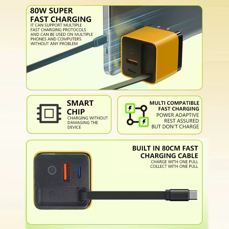 3 in 1 Gan Charger Retractable 80W MAX Fast Charger Block with Type-C Cable 2USB Ports Portable Adapter Mobile Phone Charger New.