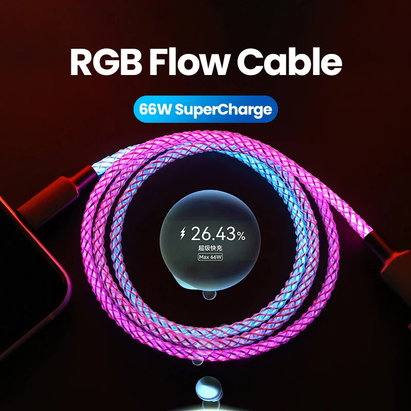 Fast Charging RGB Cable 100W Breathing Light 66W Type C USB C Data Cable for Iphone Samsung Huawei 30W Quick Charge for Xiaomi.