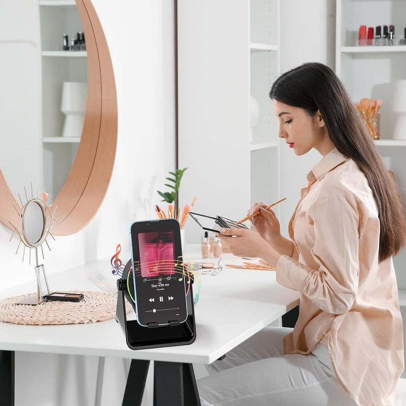 Lentorgi 4-In-1 Wireless Induction Bluetooth Audio Speaker, Phone Stand Ambient Light, Charger ,Surround Sound 360° Rotation Rechargeable Hands-Free Calls for Bedroom, Office, Kitchen, Camping, Yoga, Cooking Gifts for Men, Women, Elderly