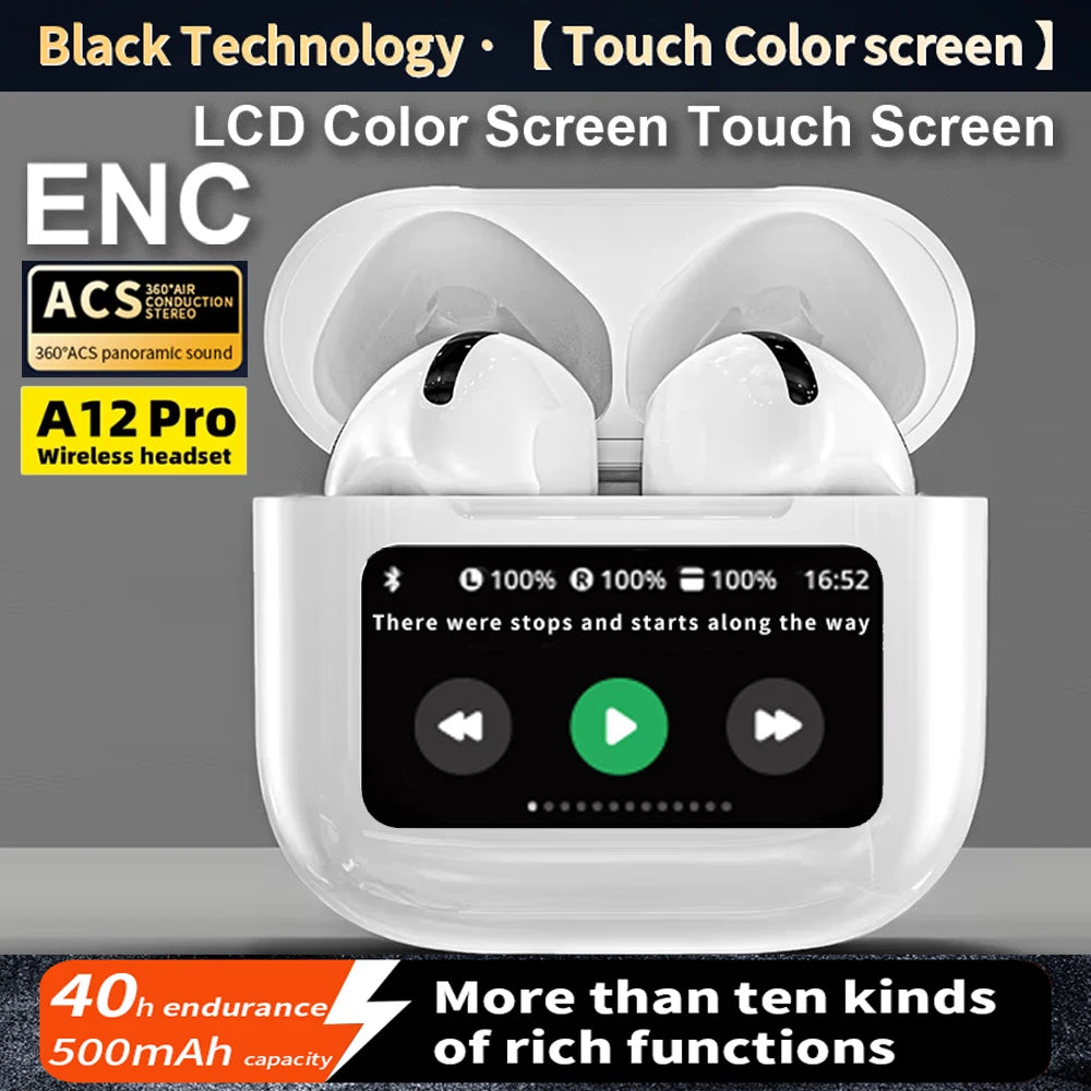 A12 Pro ENC Noise Cancellation Earphone TWS Wireless Earbuds with Touch Control LCD Screen Equalizer Super Bass Premium Sound.