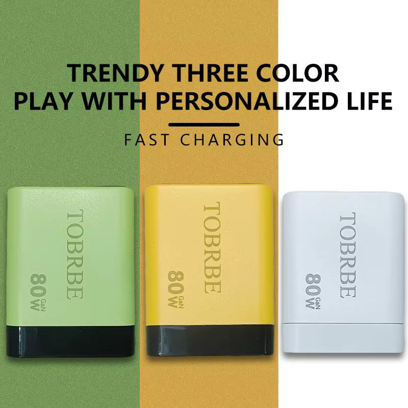 3 in 1 Gan Charger Retractable 80W MAX Fast Charger Block with Type-C Cable 2USB Ports Portable Adapter Mobile Phone Charger New.