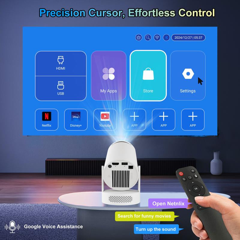Mini Projector 4K Support with Dual-Band WIFI6 5G Wireless 5.4 Bluetooth Android 11, Soundbase Speaker, Manual Focus, Auto Vertical Keystone 180°Rotatable Portable Proyector for Home Bedroom Outdoor