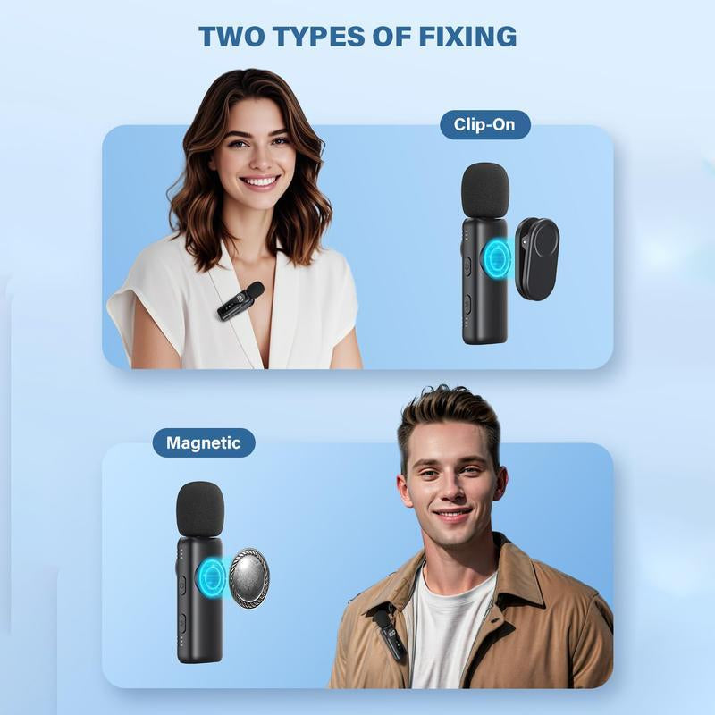 Wireless Lavalier Microphone Dual Set – Plug & Play Clip-On Mic with Auto Pairing, Magnetic Mount, Noise Cancelling with LED Display for Iphone, Android, USB-C Devices,Vlog & Video Recording