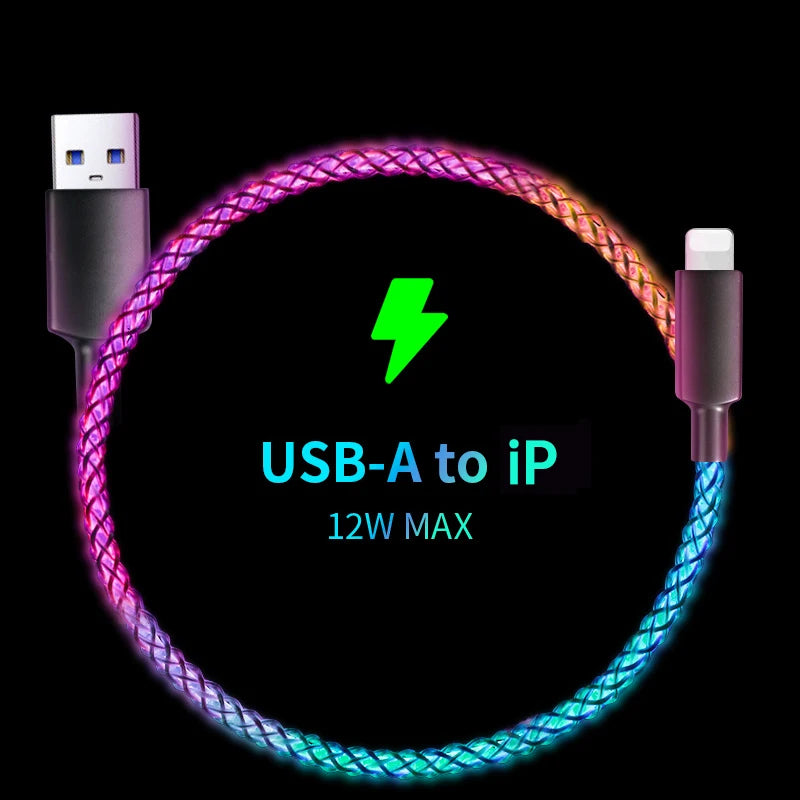 Fast Charging RGB Cable 100W Breathing Light 66W Type C USB C Data Cable for Iphone Samsung Huawei 30W Quick Charge for Xiaomi.