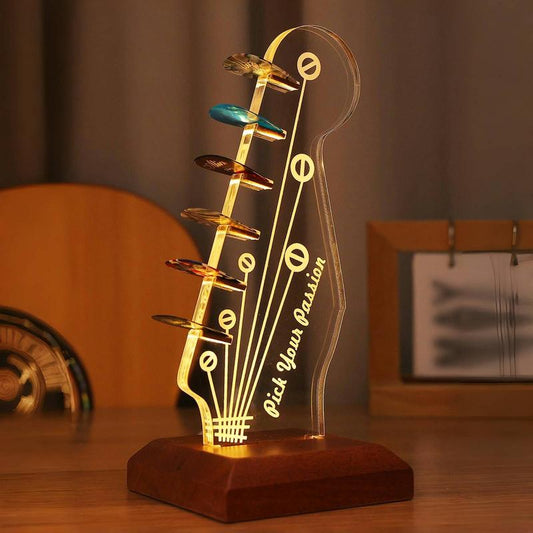 Pookie-Luminous Guitar Pick Stand Acrylic Electric Guitar Headstock Shaped Pick Stand with Wooden Base for Pick Storage and Display Is a Guitar Accessory Gift for Guitarists and Guitarists Acrylic Night Light,Christmas Gift New Year Gift