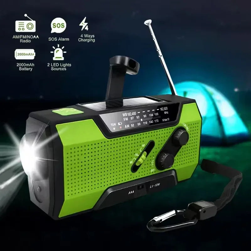 Emergency Weather Radio NOAA/AM/FM with 2000Mah Portable Power Bank Usb/Solar/Hand Crank Charging, Battery Operated, SOS Alarm.