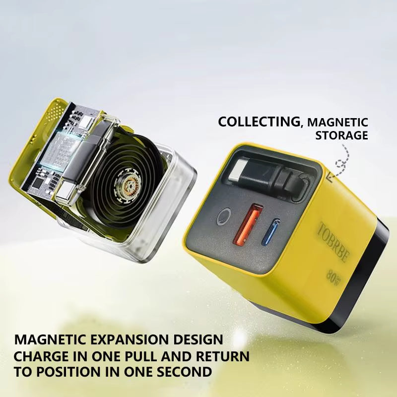 3 in 1 Gan Charger Retractable 80W MAX Fast Charger Block with Type-C Cable 2USB Ports Portable Adapter Mobile Phone Charger New.