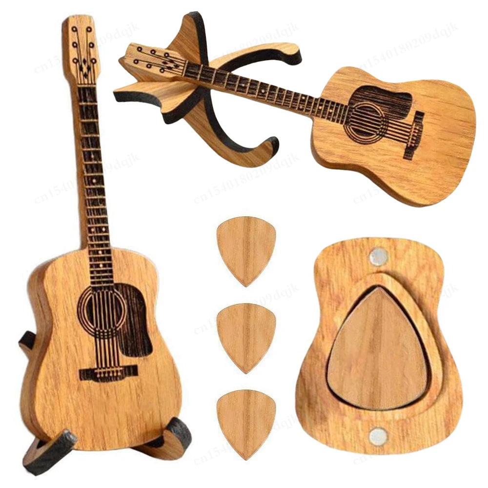 Wooden Acoustic Guitar Pick Box with Stand and 3 Pcs Picks Engraved Guitar Picks Holder Retro Case Unique Music Gift