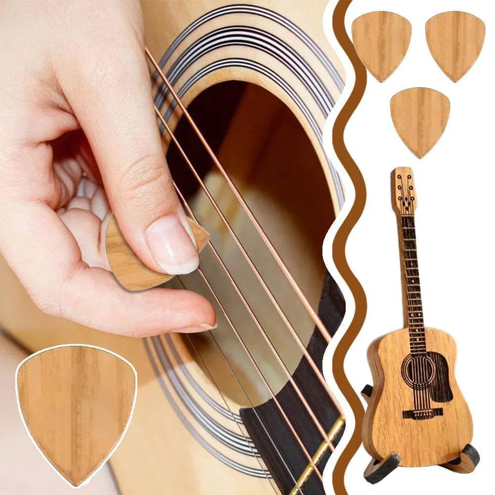 Wooden Acoustic Guitar Pick Box with Stand and 3 Pcs Picks Engraved Guitar Picks Holder Retro Case Unique Music Gift
