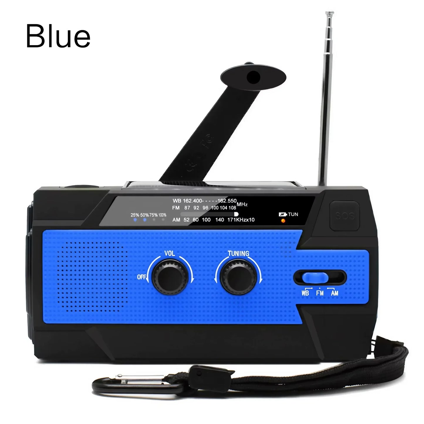 AM/FM/WB Reception, Hand Crank/Solar/Usb Charging, Power Bank, 3-Mode Flashlight Battery Display, and SOS Alert Feature.