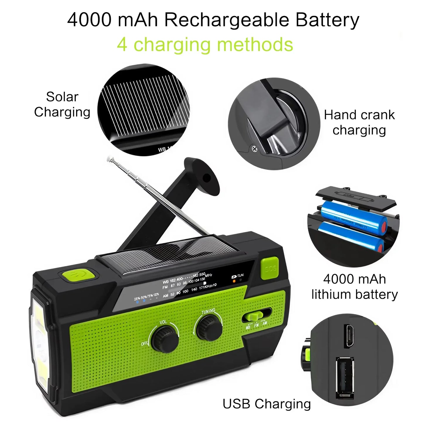 AM/FM/WB Reception, Hand Crank/Solar/Usb Charging, Power Bank, 3-Mode Flashlight Battery Display, and SOS Alert Feature.