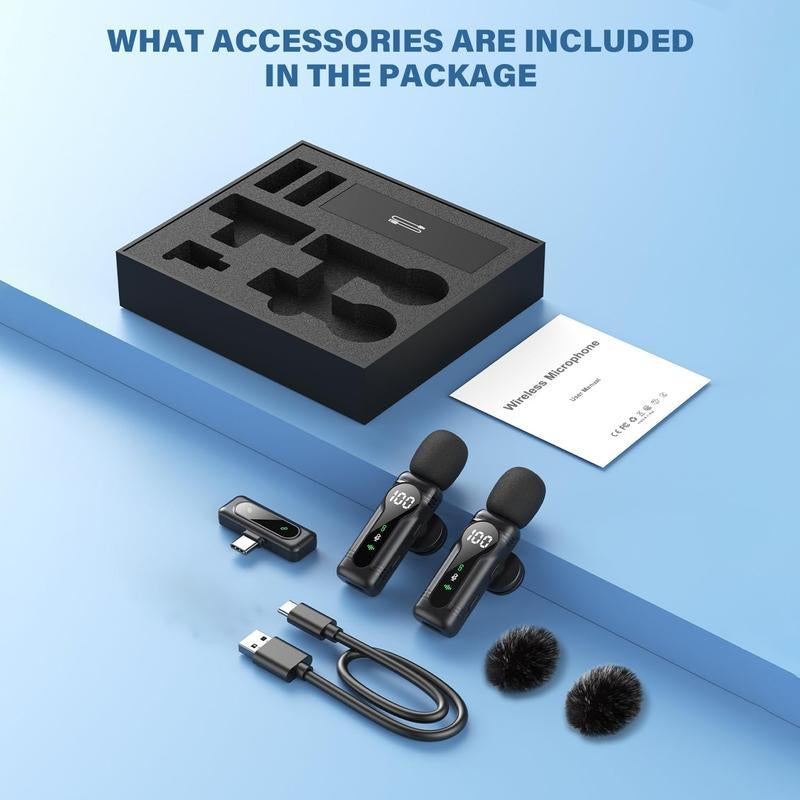 Wireless Lavalier Microphone Dual Set – Plug & Play Clip-On Mic with Auto Pairing, Magnetic Mount, Noise Cancelling with LED Display for Iphone, Android, USB-C Devices,Vlog & Video Recording