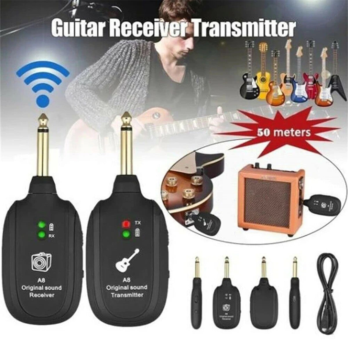 Miwayer A8 Wireless Guitar System Built in 4 Channels Wireless Guitar Transmitter Receiver for Electric Guitar Bass Violin