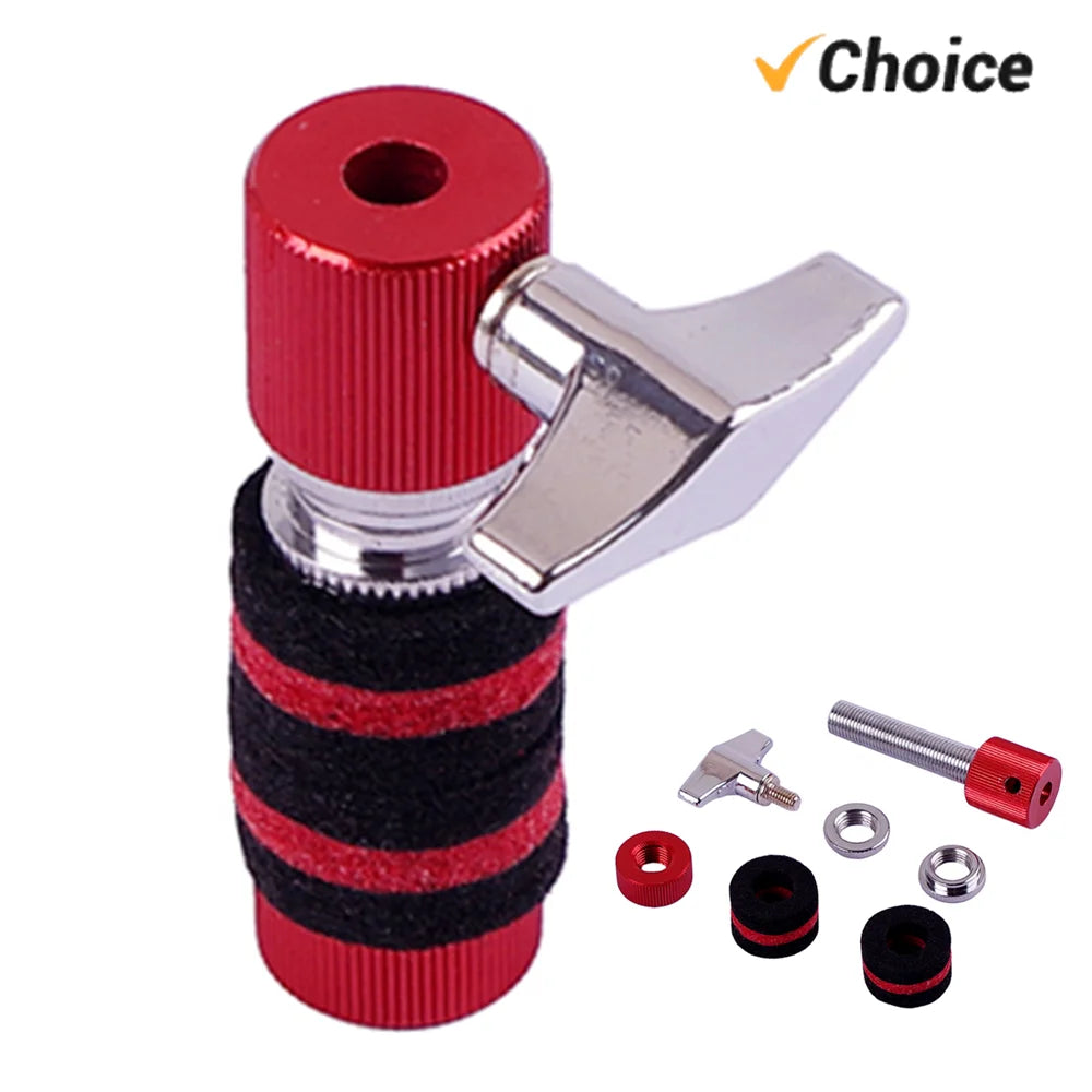 Red hi-hat clutch with a silver wing screw and black felts, shown assembled and disassembled.