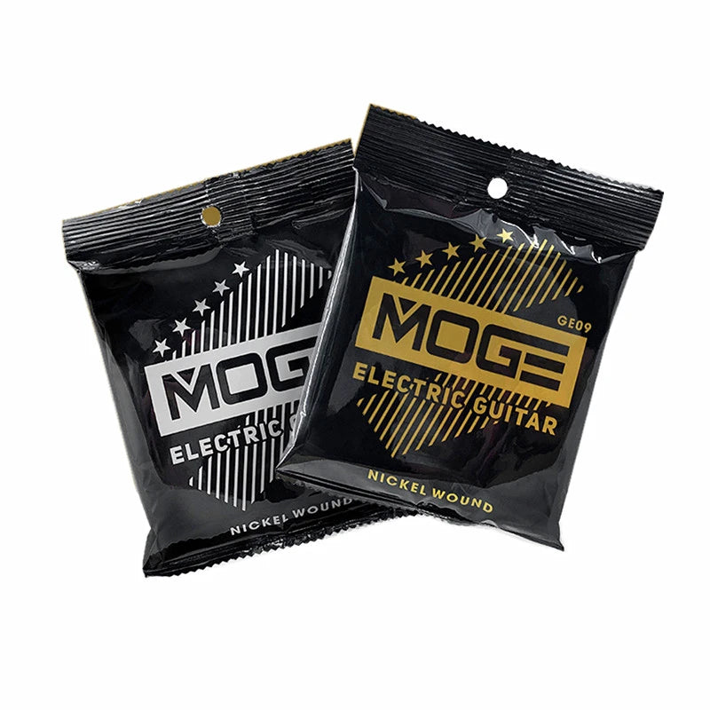 Two black MOGE electric guitar string packets with silver and gold lettering.
