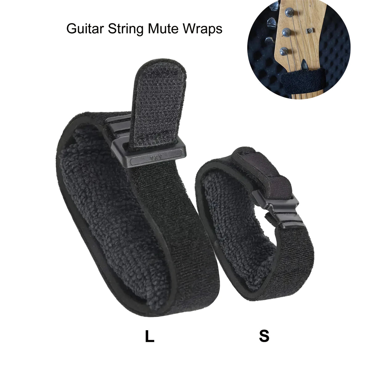 Black fret wraps labeled L and S, with an inset showing one near a guitar headstock.