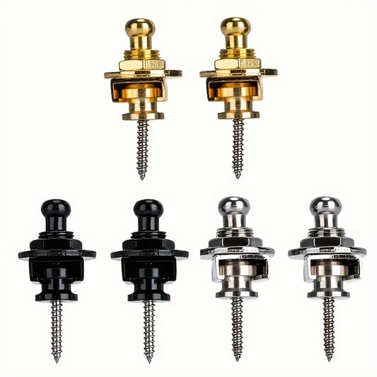 Guitar strap locks with screws in gold, black and silver finishes.
