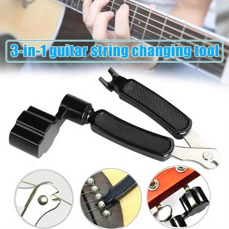 Black guitar string winder, cutter and pin puller with close-ups showing its use.
