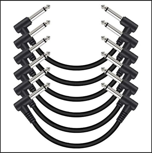 Six short black patch cables with silver right-angle plugs.