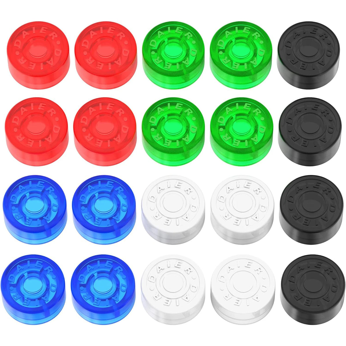 Round pedal footswitch toppers arranged in red, green, blue, clear and black.