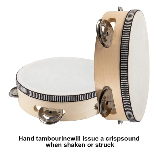 Two views of a light wood tambourine with a white head and metal jingles.
