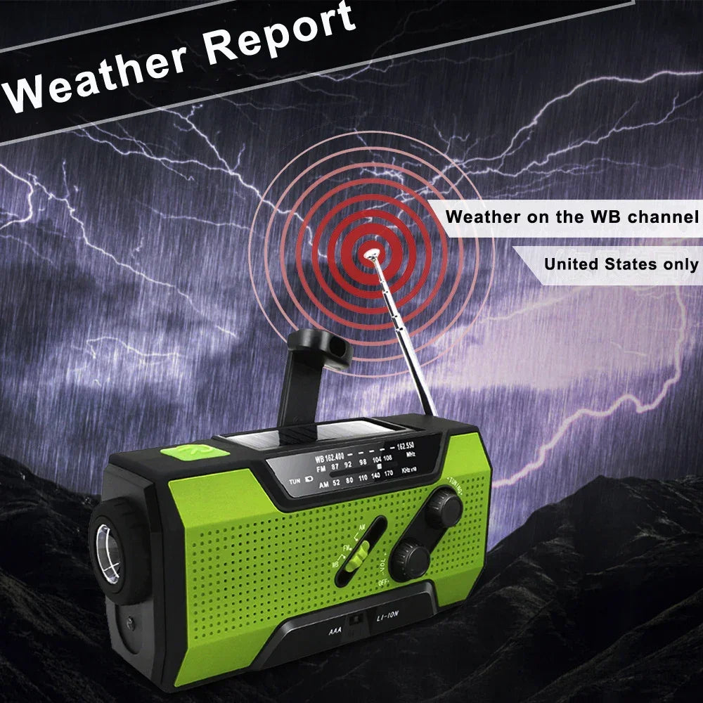 Emergency Weather Radio NOAA/AM/FM with 2000Mah Portable Power Bank Usb/Solar/Hand Crank Charging, Battery Operated, SOS Alarm.