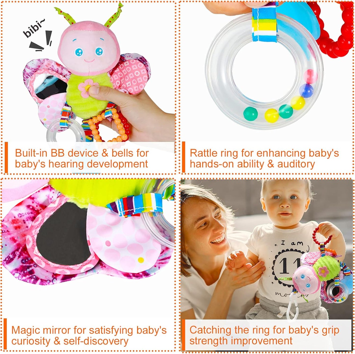 Baby Stroller Toy and Car Seat Toy for Infant with Teether Hanging Rattle Toys Clip on Stroller Toy Soft Plush Baby Toys for Boys and Girls 3-12 Months.