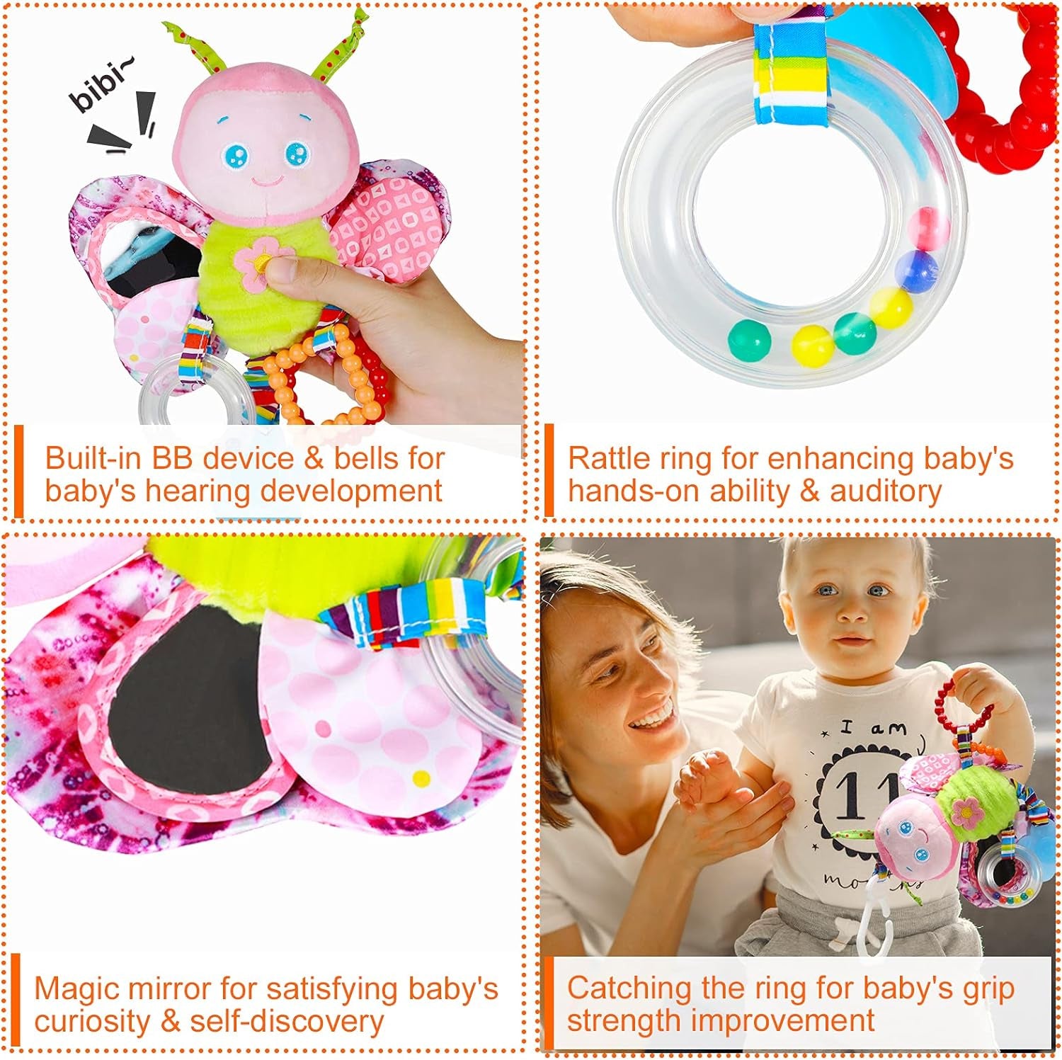 Baby Stroller Toy and Car Seat Toy for Infant with Teether Hanging Rattle Toys Clip on Stroller Toy Soft Plush Baby Toys for Boys and Girls 3-12 Months.
