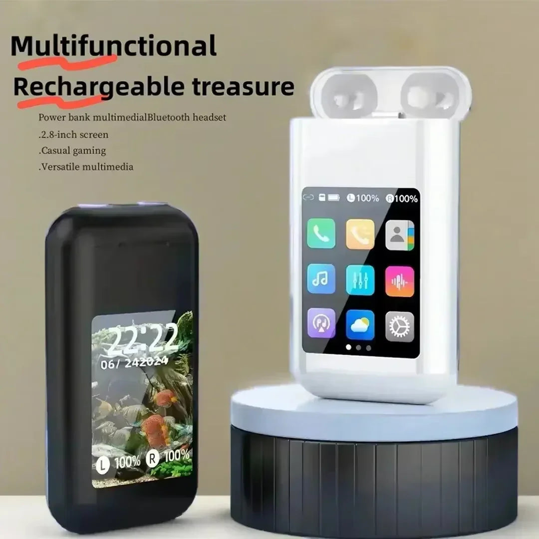 Multiple Function in Ear Bluetooth Wireless Earphone Charging Case with 2.8" Touch Screen Power Bank Headphone Music Game.