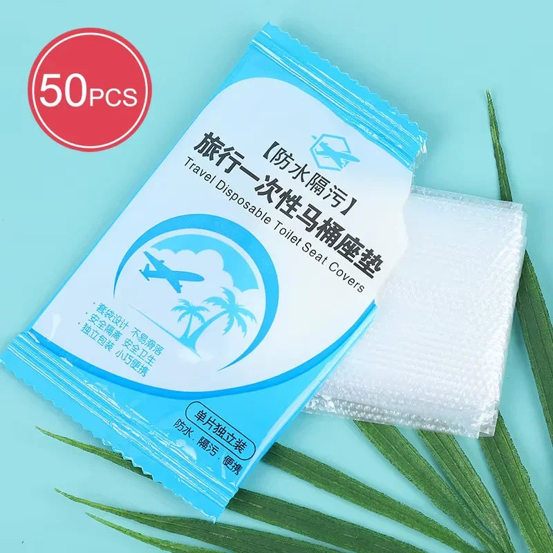50Pcs Disposable Plastic Toilet Seat Cover Waterproof and Non Slip Individually Wrapped, for Travel, Toilet Seat Protectors.