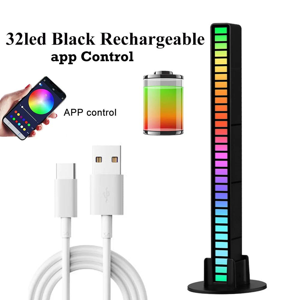 32Led RGB Music Rhythm Light Bar Rechargeable APP Control Rgb Sound Activated Night Light Music Rhythm Light Car Gaming.