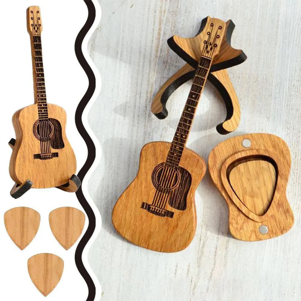 Wooden Acoustic Guitar Pick Box with Stand and 3 Pcs Picks Engraved Guitar Picks Holder Retro Case Unique Music Gift